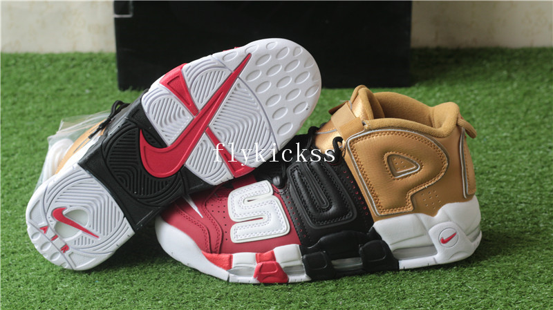 2018 New Supreme x Nike Air More Uptempo Tri-Color Black Red Gold